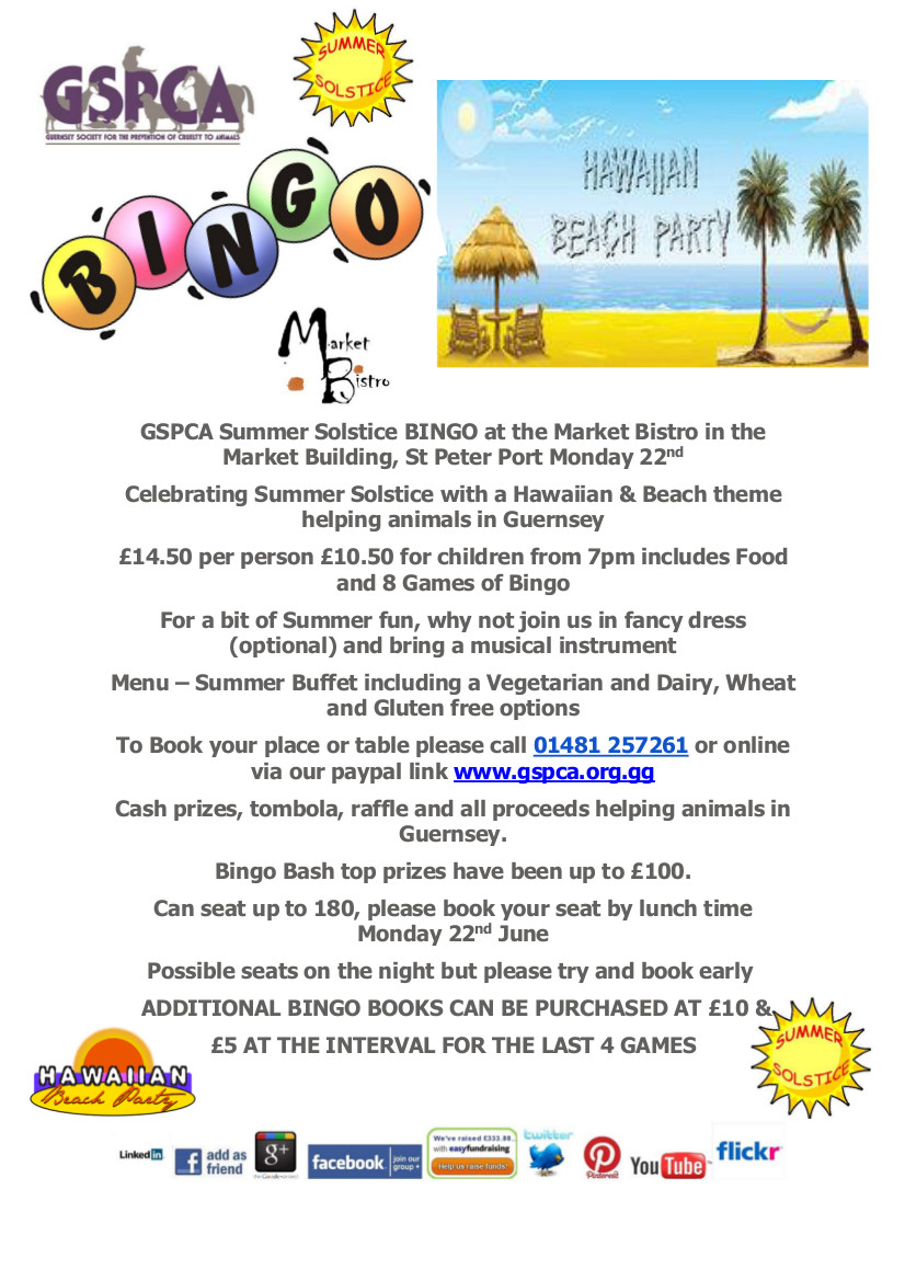 Monday 22nd June Summer Solstice Hawaiian themed bingo at the Market Bistro, click here for details