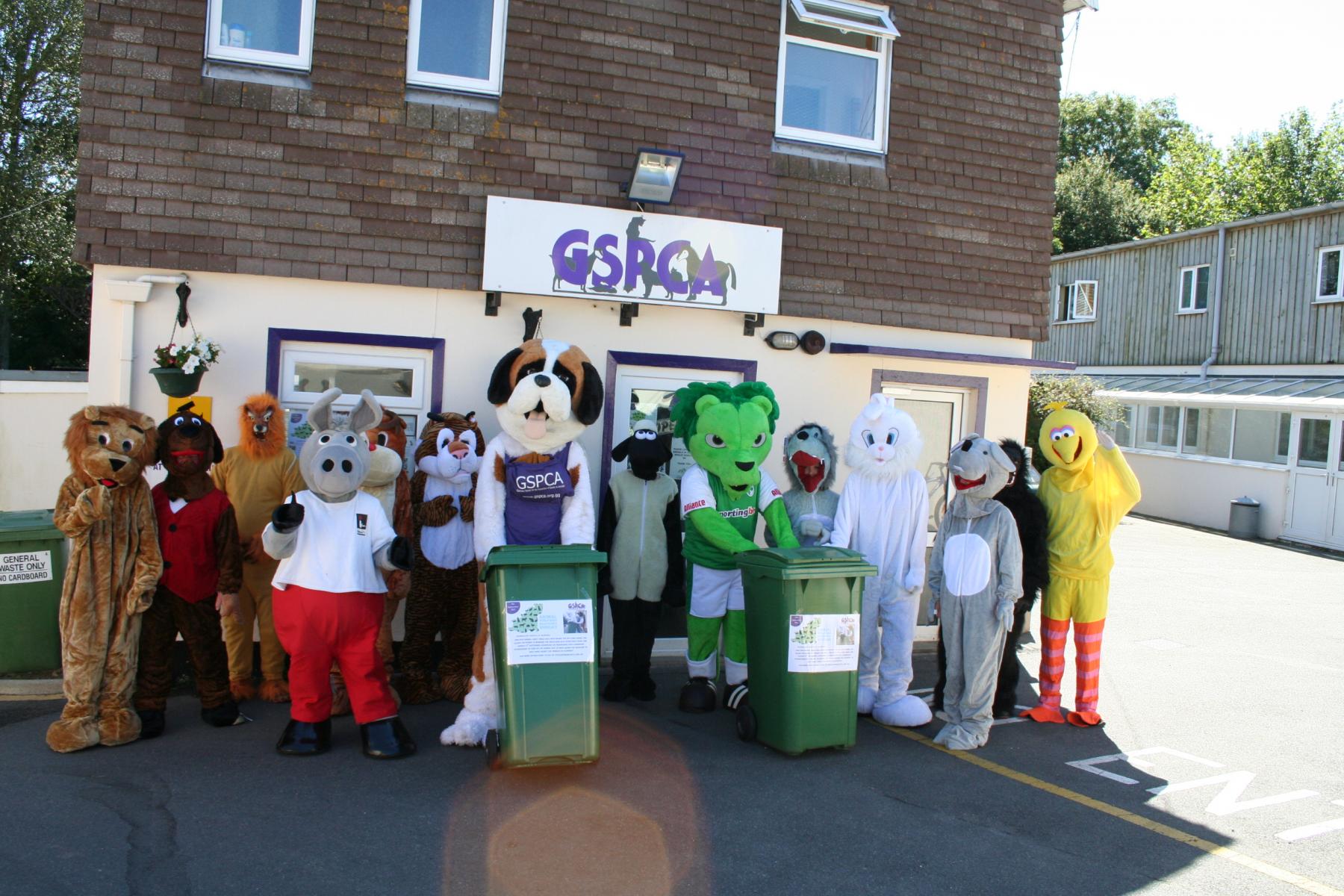 Mascot Racing in Guernsey with Roary the GFC Lion, Daniel the Donkey from Island FM, Bernard the GSPCA Mascot and animal friends